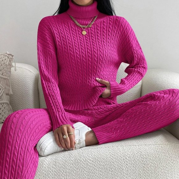 . Sweaters - Pink Preppy Womens Turtle Neck Drop Shoulder Cable Knit Sweater & Knit Pants